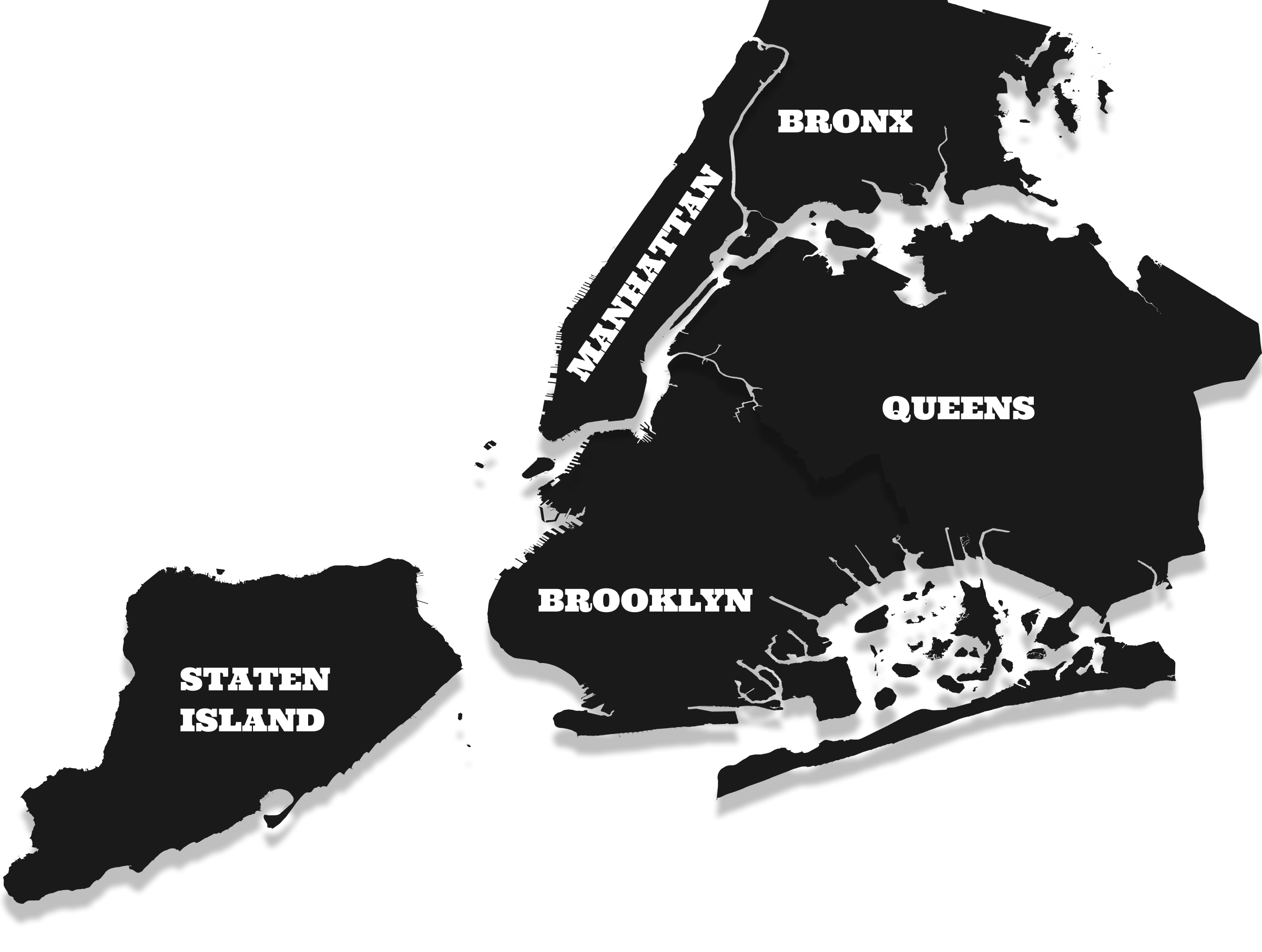 Areas We Serve - NYC Boroughs Map showing Manhattan, Brooklyn, Queens, Bronx, Staten Island